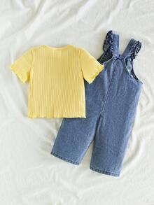 SHEIN Vintaside Kids 2-Piece Baby Girl Set Casual Cute Versatile Solid Color Short-Sleeved Top And Floral Embroidered Denim Overalls Set, Suitable For Spring And Summer Daily Wear Fall Winter - Yellow - View 2