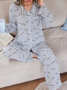 SHEIN Dream Adore Striped Puppy Print Lapel Long Sleeve Long Women Pajama Set, Fall Clothes - Baby Blue - View 4