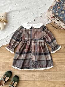 SHEIN 1 pieza Vestido de niña a cuadros vintage con ribete de encaje, tela gruesa, adecuado para uso diario en otoño/invierno - Marrón Chocolate - Ver 7