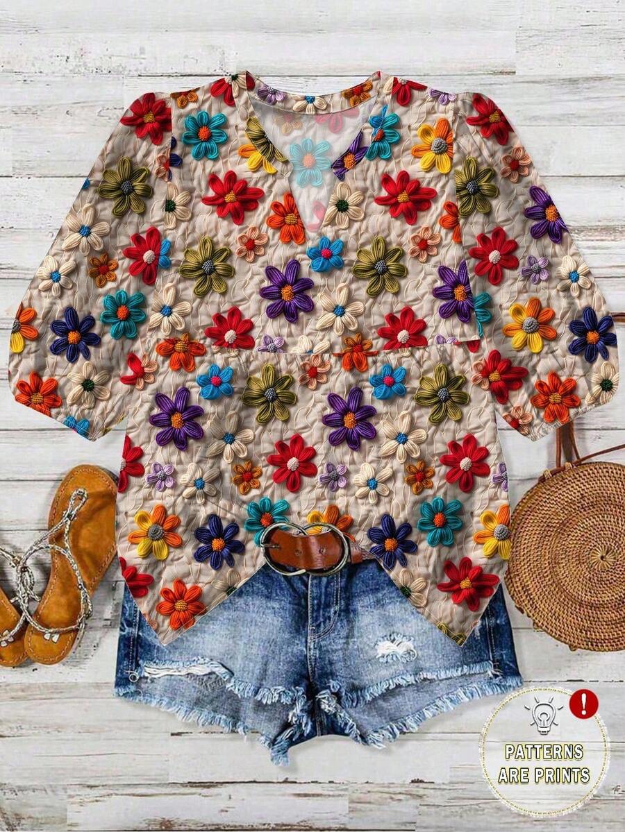EMERY ROSE Plus Size Women's Sweet Ditsy Floral Short Sleeve Blouse, New Spring/Summer Round Neck Ruffle Loose Casual Top - Multicolor - View 1