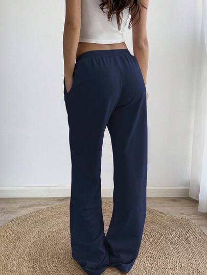 Sunnyshic Grey 87 Embroidered Low Waist Waistband Contrast Ribbed Drawstring Tie Slant Pockets Straight Leg Loose Sweatpants, Casual Homewear, Daily Wear, Retro Sports, Minimalist Design, For Women, Spring/Summer