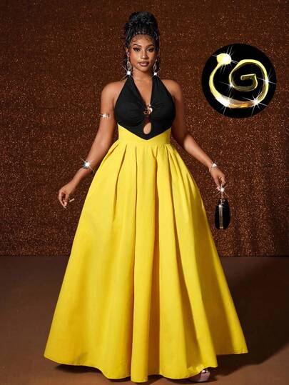 Maweii Plus Size Women's Elegant Metal Decor Backless Design Maxi Party Dress, Versatile