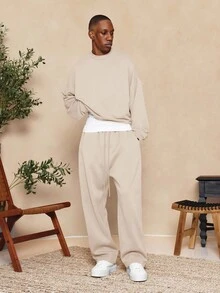 SUMWON Essential 低裆慢跑运动裤，宽松版型，抽绳腰带，弹性裤脚，居家休闲街头风舒适下装，秋冬纯色 - 卡其色 - 查看 6