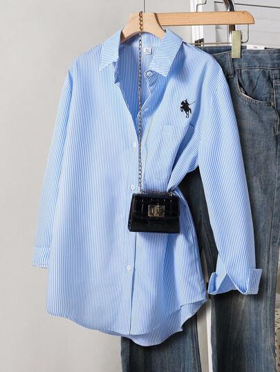 青少年女孩休闲条纹骑士图案宽松衬衫，学院风