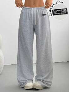 Muchica 休闲运动风格女式秋冬宽松抽绳运动裤，带刺绣字母贴片，适合日常穿着和返校季 - 淺灰色 - 查看 7