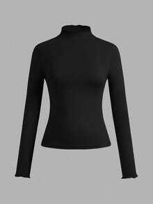 SHEIN EZwear 3 件套女式黑色高领荷叶边修身休闲长袖长 T 恤套装，适合秋冬分层穿着 - 黑色 - 查看 10