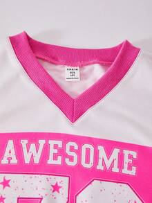 SHEIN Explorewe Streecool Tween Girls V-Neck Sweatshirt With Numeric Print, Fashionable For Sports, Campus Style, Versatile Casual Everyday Wear, Autumn Fall Winter - Pink - View 5