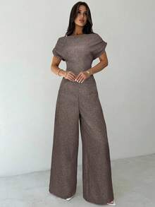 Firerie 夏季新款女士优雅休闲通勤白色落肩上衣和阔腿裤套装 - 棕色 - 查看 3