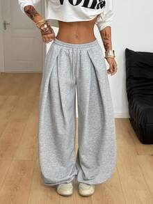 Coolane 女士秋冬街头服饰基本款日常外出休闲灰色宽松低腰卷边裤 - 灰色 - 查看 5