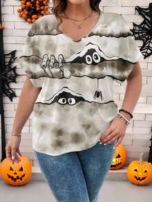 EMERY ROSE Áo thun tay ngắn cổ chữ V in hình nhện phong cách Halloween rộng rãi cho nữ cỡ lớn - Nhiều màu - Xem 7
