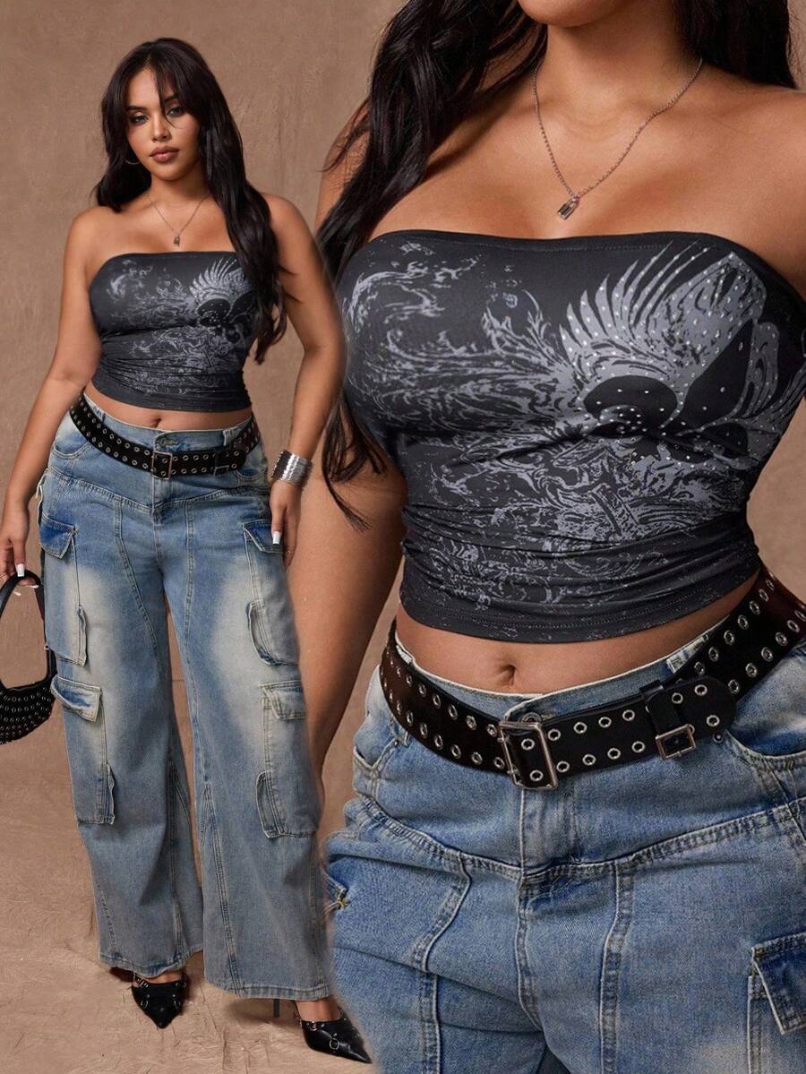 Rustia Plus Size Women's Streetwear Glitter Tight Crop Top - Black - View 1