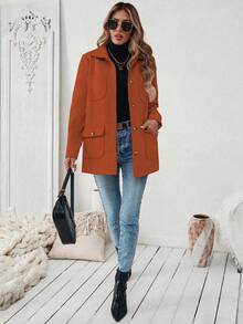 SHEIN LUNE Women's Solid Color Long Sleeve Single-Breasted Casual Pocket Jacket, Autumn - Orange - View 7