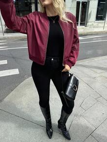 Auralis Chaqueta de motocicleta de estilo sencillo de color rojo vino, de uso diario, cómoda y holgada, de moda casual para mujer de talla grande, para primavera y otoño, abrigos de invierno, estilo de calle - Rojo - Ver 6