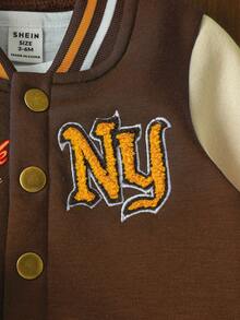 SHEIN Baby Boy Letter Badge Casual Baseball Jacket, Cool Street Style, Suitable For Daily Outings, College, Matching, Party Varsity Infant Autumn Brown - Brown - View 6