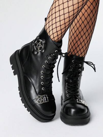 Grunge Punk Gothic Style Round Toe Buckle Decor Chunky Heel PU Leather Black Punk Boots, Suitable For Party, Daily Wear, And Collegiate Style