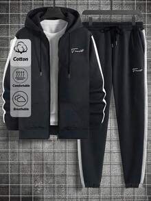 EURMUSE Men's Casual Sports Zip Up Jacket With Side Panel & Handwritten English Print + Sweatpants Set - Black - View 1