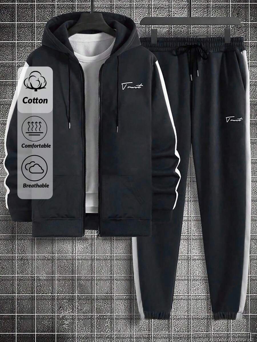 EURMUSE Men's Casual Sports Zip Up Jacket With Side Panel & Handwritten English Print + Sweatpants Set - Black - View 1