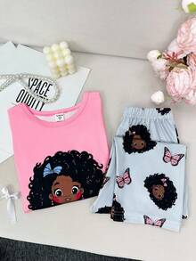 Cute Girl Print Crew Neck Long Sleeve & Long Pants Pajama Set For Young Girl