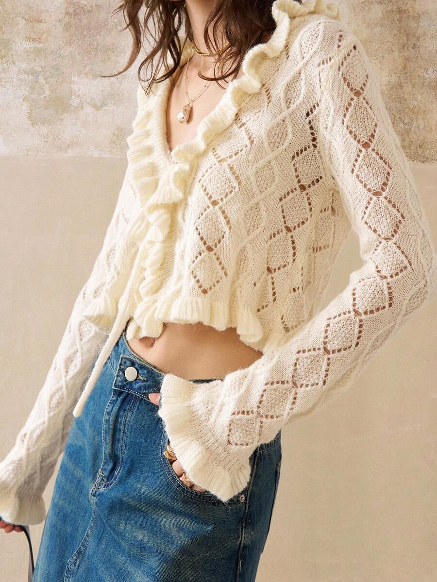 INAWLY Women's Mesh Lace Trim Tie Neck & Cuff Short Frill Trim Cardigan Sweater Fall Winter Cloth For Women - Apricot - View 1