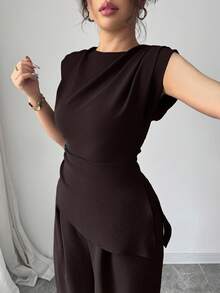 Rafferiza 2件套女士纯色纹理褶皱圆领无袖上衣 - 棕色 - 查看 3