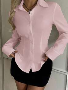 SHEIN EZwear 女士休闲收腰长袖衬衫，适合秋冬季穿着 - 淺粉色 - 查看 3