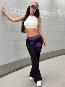 StreetHx 女式撞色拼布印花喇叭裤 - 紫色 - 查看 4