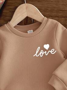 SHEIN Happikins ModeFlare Wear Baby Girl Cute Minimalistic Love English Text Knitted Soft Thick Hoodie Sweatshirt Outfit, Suitable For Autumn/Winter Fall - Khaki - View 3