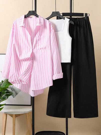 3pcs/Set Teen Girls Casual Outfit, Striped Loose Long Sleeve Shirt + White Knit Vest + Black Wide Leg Pants, Suitable For Daily Wear And Vacation Fall Winter