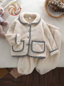 Genkimix Kids Back To School Fashion  Young Girl' Light Apricot Plush Checkered Trim Pocket Long Sleeve Cardigan And Matching Pants Set, Loungewear Girls Winter Set Fall