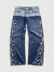 ROMWE MEN Street Life Men's Rhinestone Patchwork Contrast Color Denim Jeans - Blue - View 9