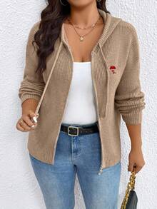 SHEIN Plus Size Women Zipper Hooded Embroidered Lucky Heart Elegant Cardigan Sweater Fall Winter Cloth For Women Autumn
