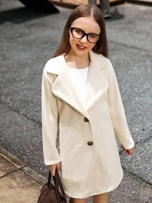 女童优雅法式翻领单排扣泰迪熊仿皮草长袖中长外套 - 米色 - 查看 1