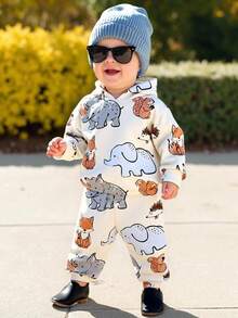 SHEIN 2 件男婴动物印花连帽衫和运动裤套装 - 柔软舒适的秋冬休闲家居服，配套运动服 - 彩色 - 查看 1