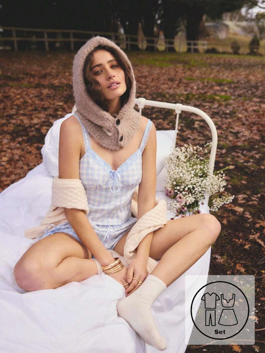 Aralina Sleepwear Fall Winter Plaid Gingham Cami And Short With Lace Trim Detail Two Pieces Set - Blue and White - View 1