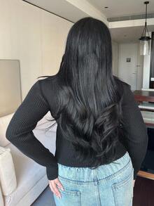 Dazy Plus Áo len cổ lọ bó sát, màu trơn, khoét lỗ, dáng rộng cỡ lớn dành cho nữ, màu đen, thu đông - màu đen - Xem 2