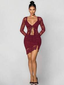 Sirith Women's Sexy Sheer Lace Ruffle Tie-Up Cardigan - Burgundy - View 3