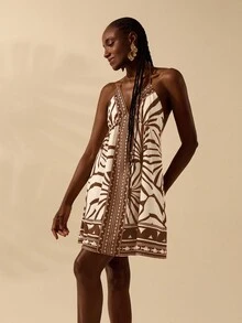 CAJUNI 女式波西米亚热带黑白印花细肩带 V 领露背短裙，夏季度假休闲沙滩裙 - 棕色 - 查看 4