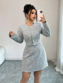 Elenzga 2 chiếc áo khoác ngắn kẻ sọc thanh lịch thời trang xuân thu đông mới và bộ váy ôm không tay - Đen và trắng - Xem 5