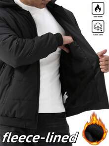 Manfinity Homme 男士長袖連帽填充外套，冬季黑色填充外套，秋季，羽絨服 - 黑色 - 查看 7