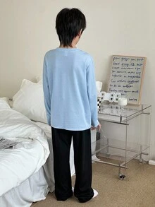 SHEIN 2 件套青少年男孩休闲字母印花圆领长袖 T 恤和裤子宽松舒适睡衣套装 - 藍色 - 查看 3