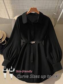 SHEIN CURVE+ 女士金属装饰灯笼袖长衬衫，优雅时尚 - 黑色 - 查看 1