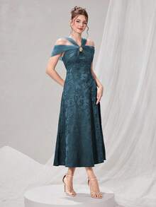 Poshira Váy dạ hội lệch vai thanh lịch lãng mạn thời trang dành cho nữ - màu xanh lá - Xem 4