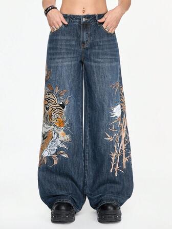 Grunge Punk Vintage Streetwear Chinese Style Tiger & Floral Embroidered Loose Wide-Leg Unisex Low Waist Jeans