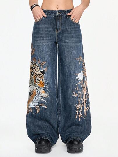Grunge Punk Vintage Streetwear Chinese Style Tiger & Floral Embroidered Loose Wide-Leg Unisex Low Waist Jeans