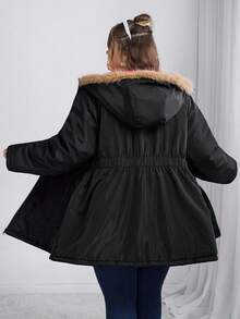 SHEIN CURVE+ 大码女式蓬松毛领连帽拼接长袖加厚棉衣，休闲冬季服装秋季/秋冬 - 彩色 - 查看 2