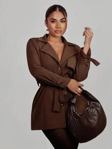 Xyvia Women's Casual Brown Loose Straight Long Sleeve Button Belted Lapel Trench Coat (With Belt) - Brown - View 5