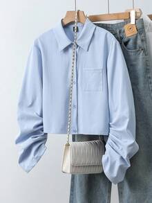Franclia Camicia a maniche lunghe autunnale di colore blu, stile casual ed elegante, con spalle scoperte e vestibilità ampia, marchio SHEIN Luminelle - Blu - Visualizzare 1