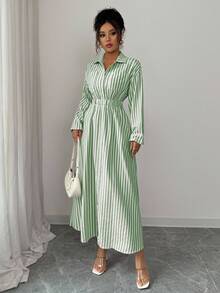 Elenzga Women's Casual Striped Self-Tie Waist Button Front Shirt Dress, Autumn Maxi Women Outfit - Green - View 5