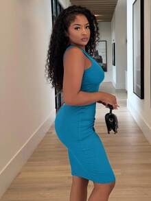 Alexandranx Màu thuần Không tay Cổ thuyền viên Váy bodycon - Màu xanh ngọc - Xem 3