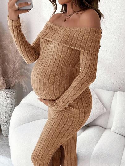 SHEIN Maternity Solid Color Off Shoulder Long Sleeve Ribbed Fitted Elegant Dress, Autumn Brown Maternity Dress Two Piece Maternity Dress Ribbed Maternity Dress Knit Maternity Dress Maternity Dress Off Shoulder